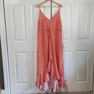La' Ross Women's Orange & White Polka-dot Maxi High-Low Dress Size LG Ruffle NWT